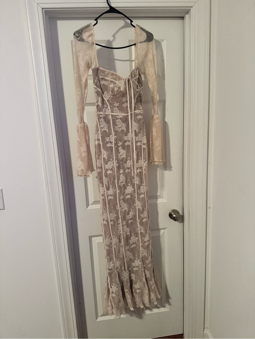 House of CB Ivory Lace Maxi Dress with Sheer Long Sleeves